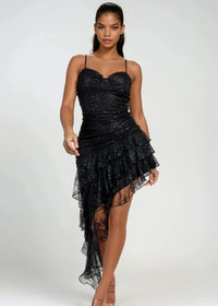Thumbnail for Asymmetrical lace ruffle mini dress with bustier top and ruching.