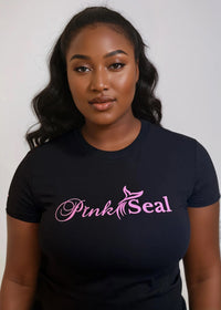 Thumbnail for Woman wearing a black t-shirt with 'Pink Seal' logo against a white background