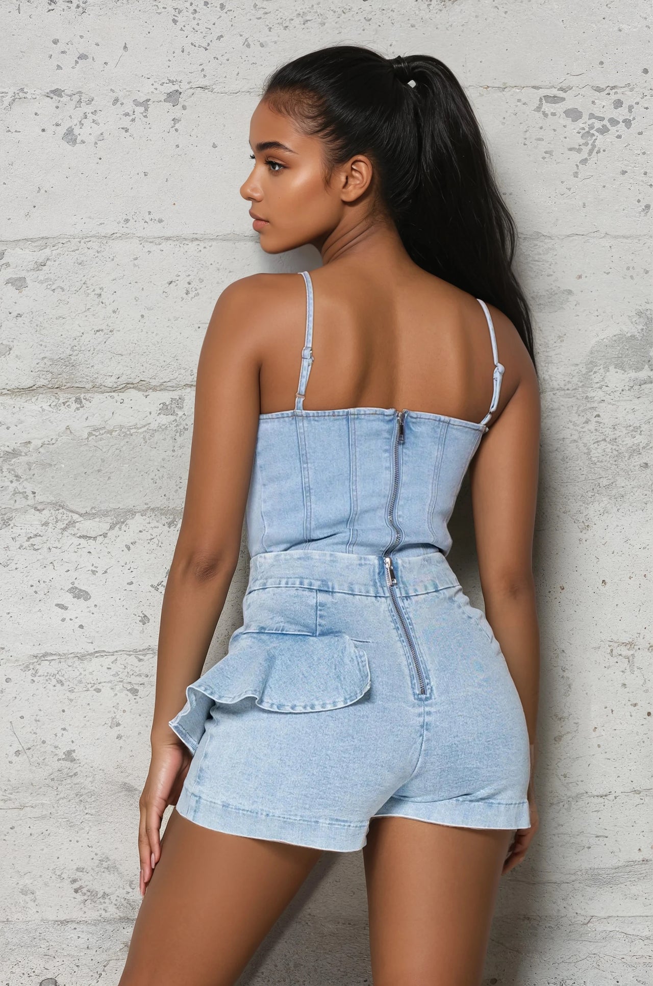 Woman wearing a light blue denim romper against a gray concrete wall.