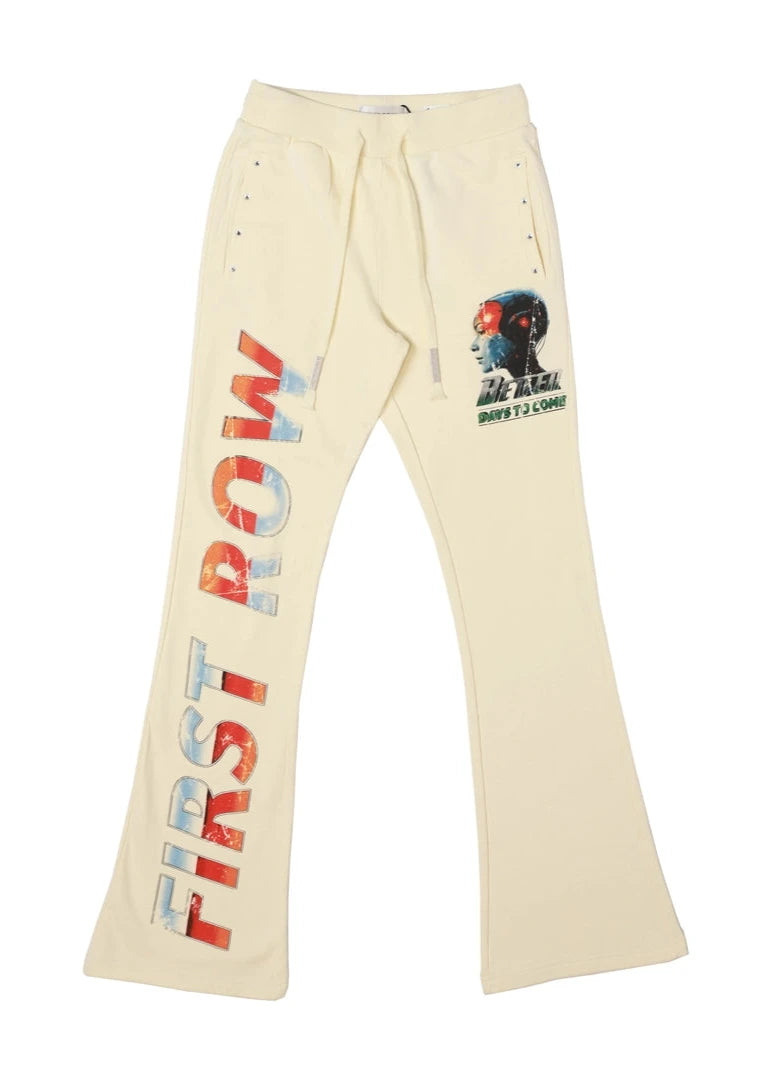 Beige pants with colorful text and graphic design on a white background