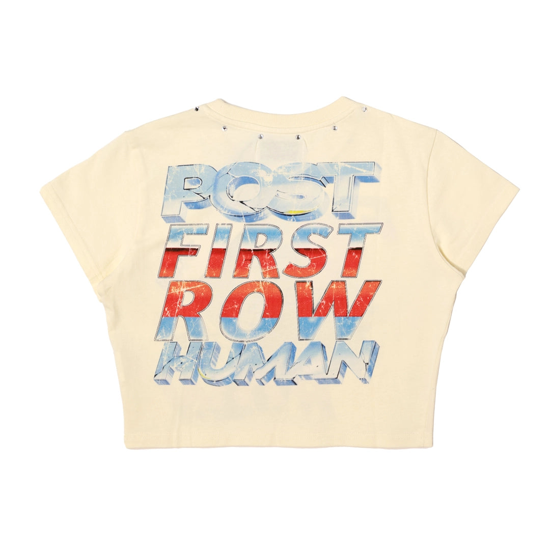 Beige t-shirt with colorful text design on a white background