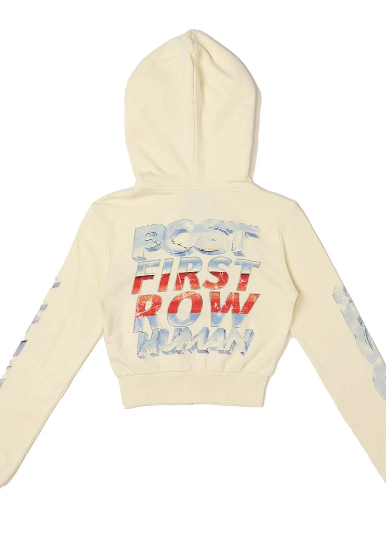 Beige hoodie with colorful text on a white background