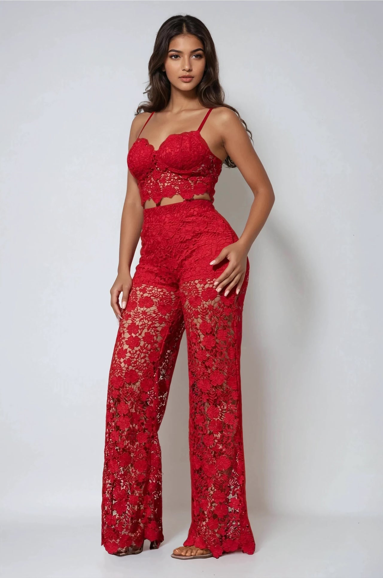 Delicate yet bold. Sheer non-stretch lace set made from 100% polyester. Power in every layer.