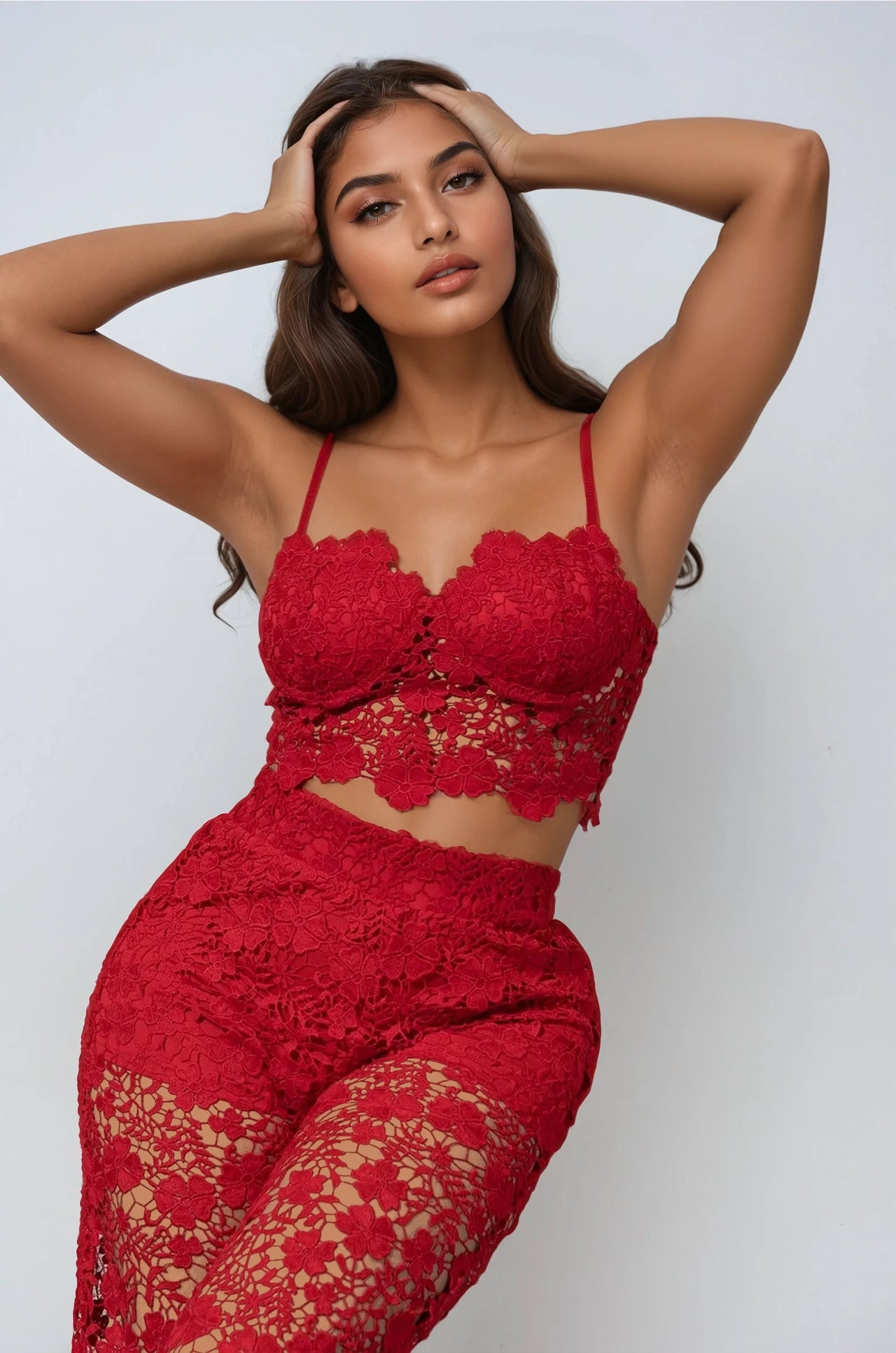 Delicate yet bold. Sheer non-stretch lace set made from 100% polyester. Power in every layer.