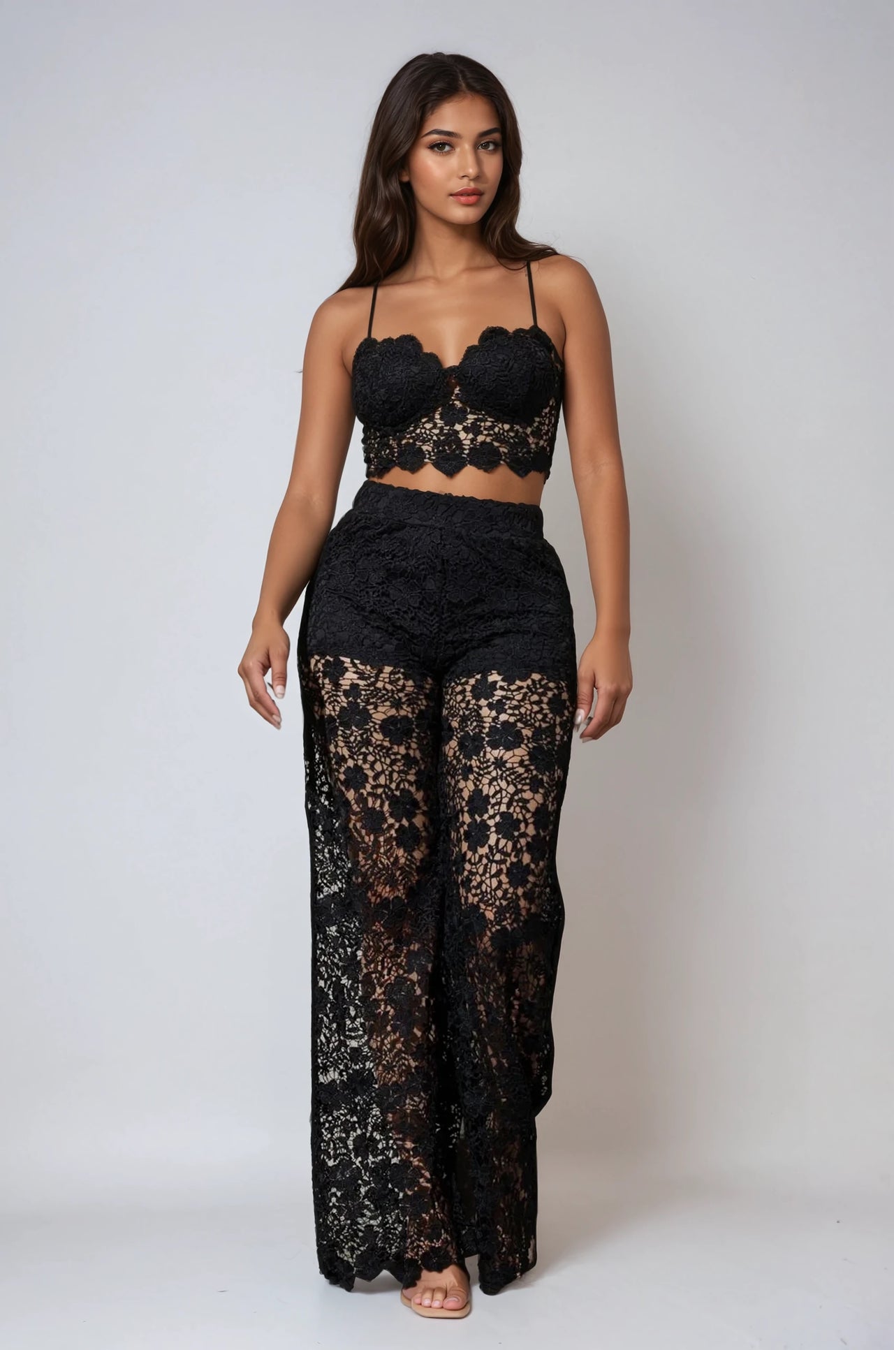 Delicate yet bold. Sheer non-stretch lace set made from 100% polyester. Power in every layer.