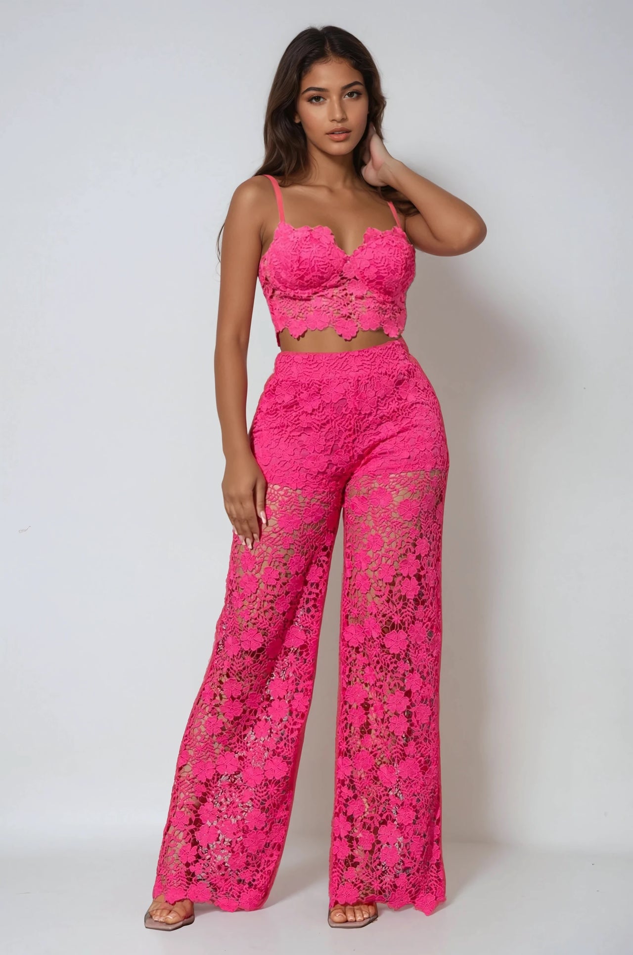 Delicate yet bold. Sheer non-stretch lace set made from 100% polyester. Power in every layer.