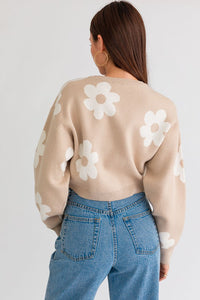 Thumbnail for LONG SLEEVE CROP SWEATER WITH DAISY PATTERN