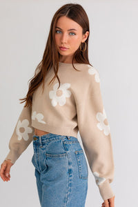 Thumbnail for LONG SLEEVE CROP SWEATER WITH DAISY PATTERN