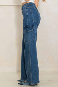 Thumbnail for High Rise Crossed Waist Cargo Wide Jeans