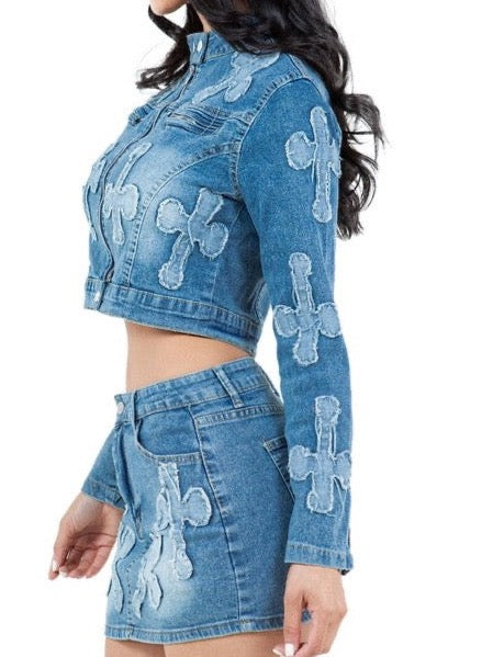 Tia 3D Cross 2 Piece Denim Skirt Set