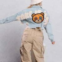 Thumbnail for Distressed Teddy Cropped Denim Jacket