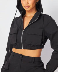 Thumbnail for Casual Black 2 piece crop zipper jacket and skirt outfit for all seasons. Everyday outfit for young women.