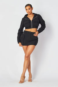 Thumbnail for Casual Black 2 piece crop zipper jacket and skirt outfit for all seasons. Everyday outfit for young women. Full view.