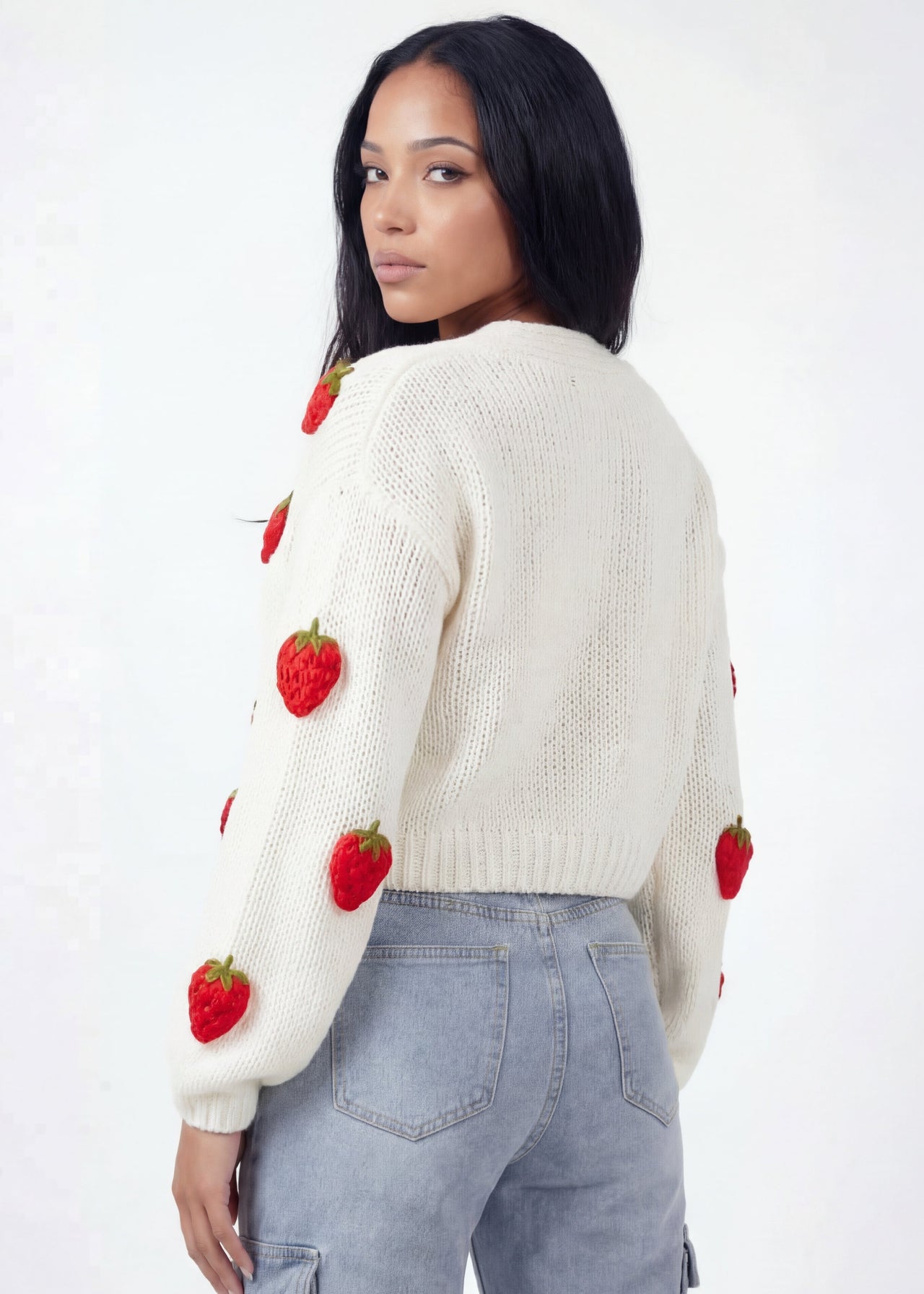 Pink Seal Soft berry-toned cardigan sweater radiating joy and confidence.