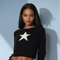 Thumbnail for Chic boat neckline, long sleeves, and a semi-cropped length black sweater with a white star by Pink Seal. Close view.