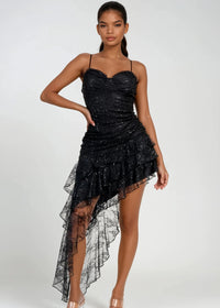 Thumbnail for Asymmetrical lace ruffle mini dress with bustier top and ruching.