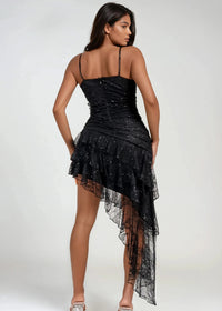 Thumbnail for Asymmetrical lace ruffle mini dress with bustier top and ruching.