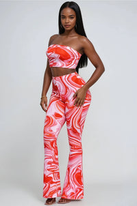 Thumbnail for Boldly bloom in this tube top and flared red pants set, designed with vibrant prints and retro flow for boho-chic flair.