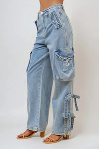 Thumbnail for Women's soft-washed baggy denim cargo pants with utility pockets and bows