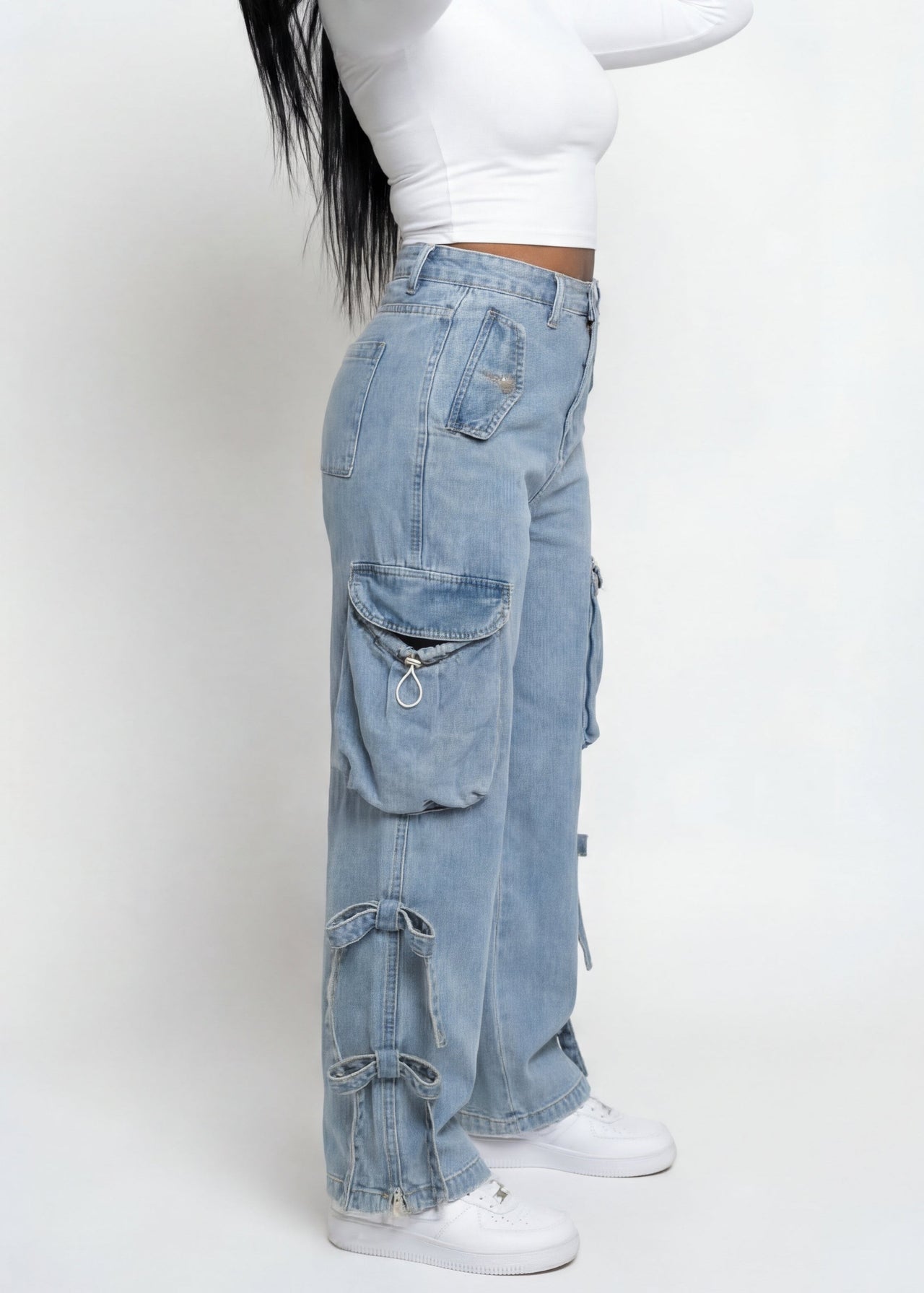 Pink Seal Blue Aura Mid Rise soft-washed baggy denim cargo pants with utility pockets and bows