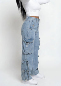 Thumbnail for Pink Seal Blue Aura Mid Rise soft-washed baggy denim cargo pants with utility pockets and bows