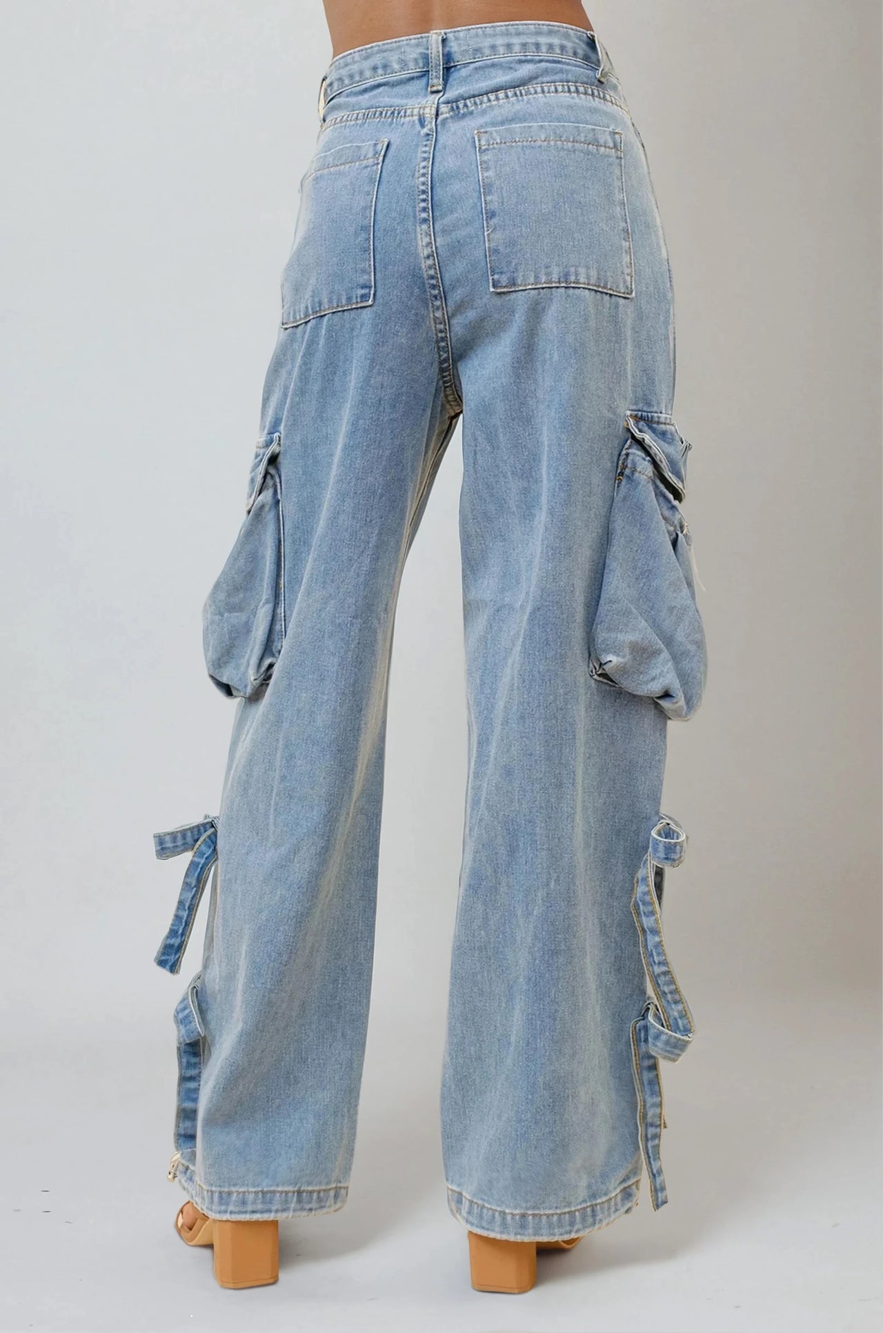 Women's soft-washed baggy denim cargo pants with utility pockets