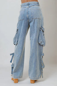 Thumbnail for Women's soft-washed baggy denim cargo pants with utility pockets