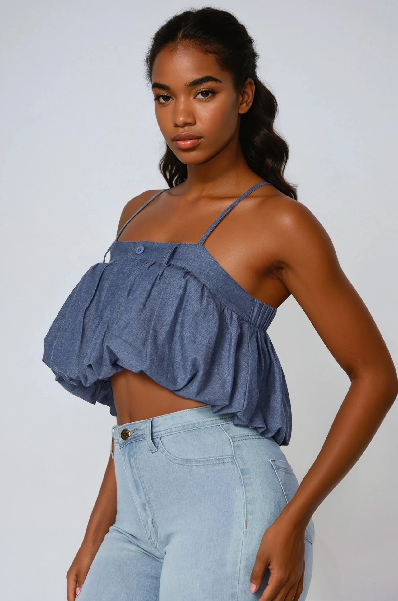 Stretchy spaghetti strap denim-look crop top with elastic back