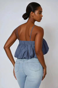 Thumbnail for Stretchy spaghetti strap denim-look crop top with elastic back