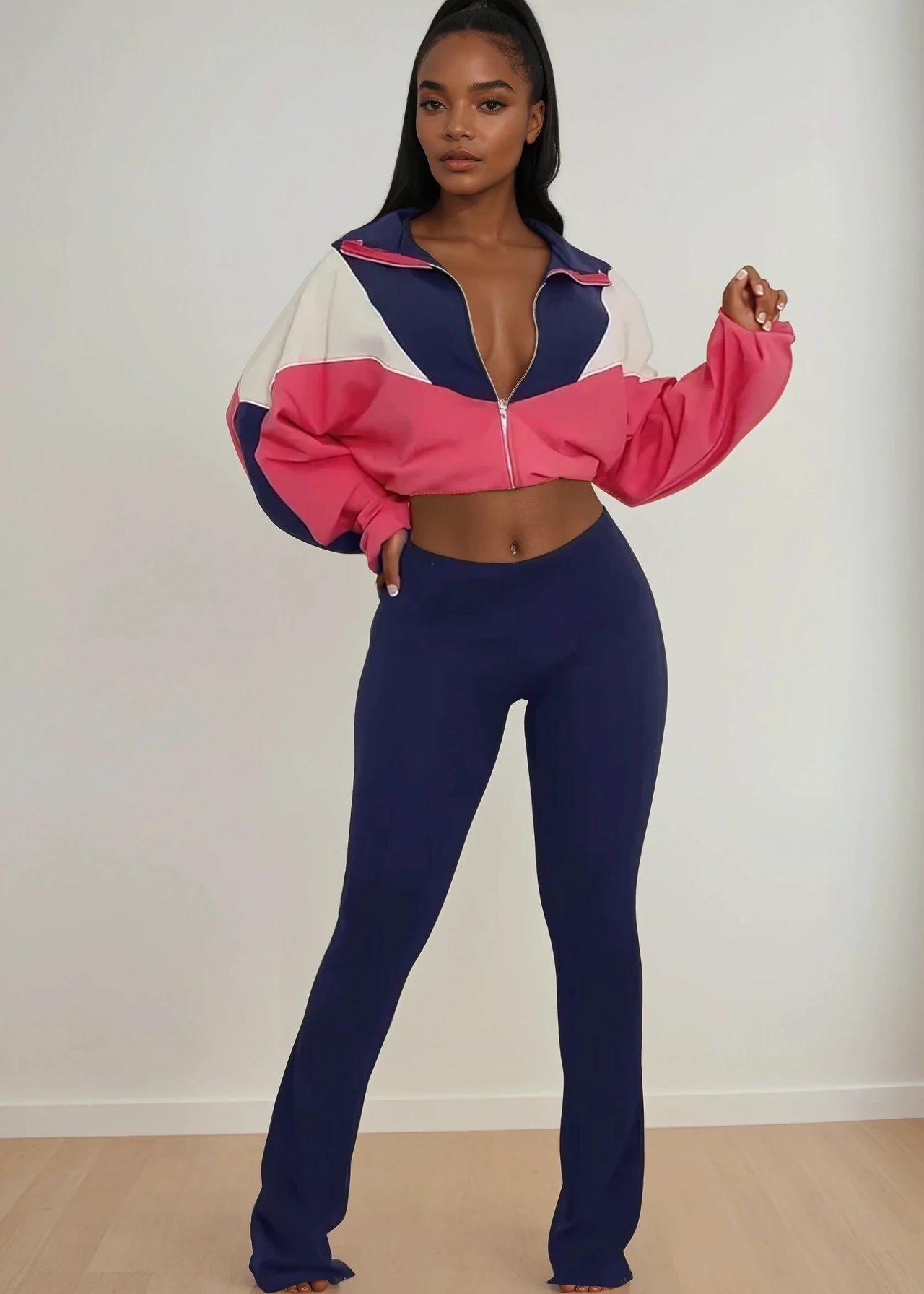 Blush Two Piece Windbreaker Crop Jacket And Leggings Outfit - Pink Seal  