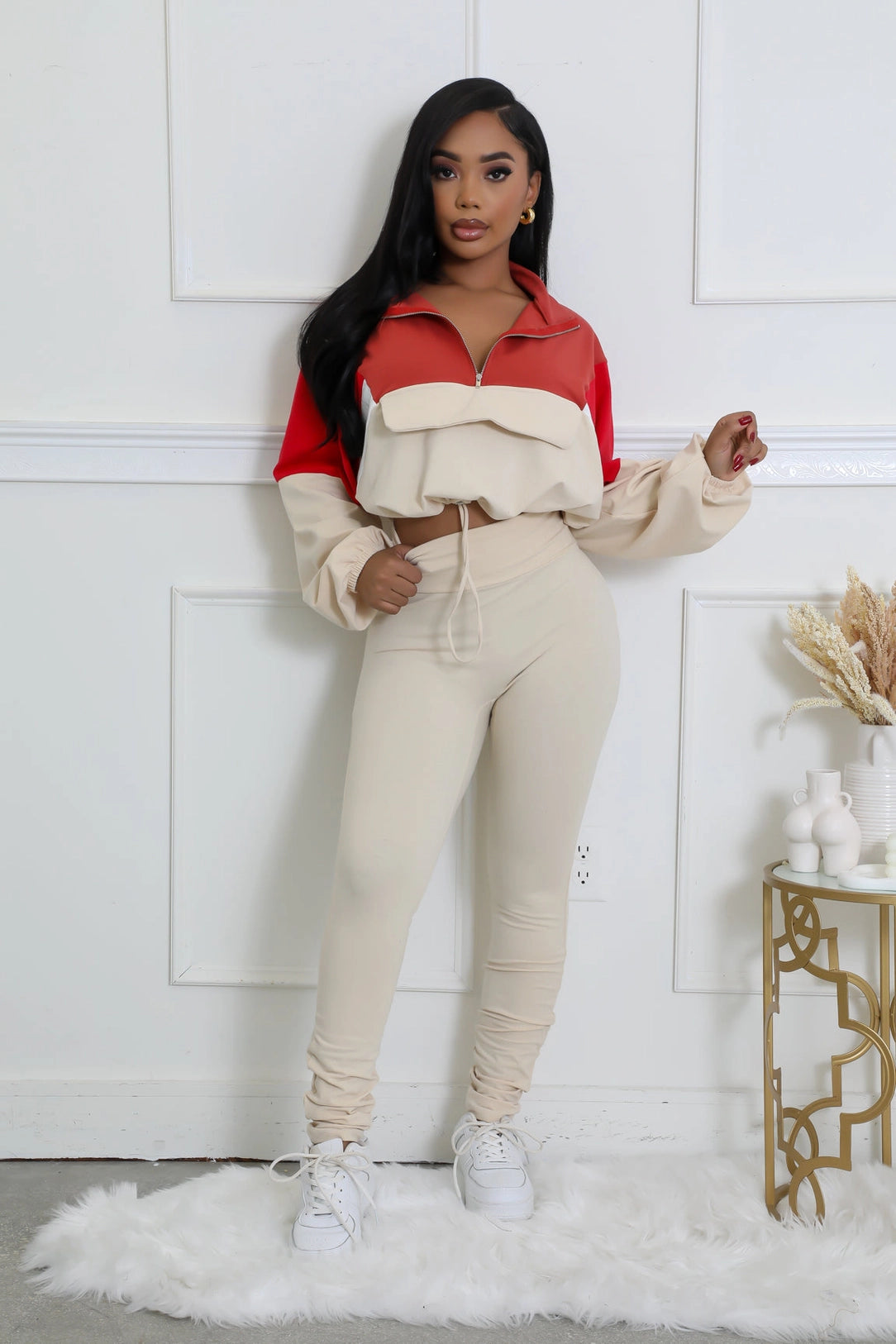 Lightweight Beige Crop Windbreaker Jacket and Leggings Outfit for teens and young adults, perfect for lounging  and everyday look. Front view.