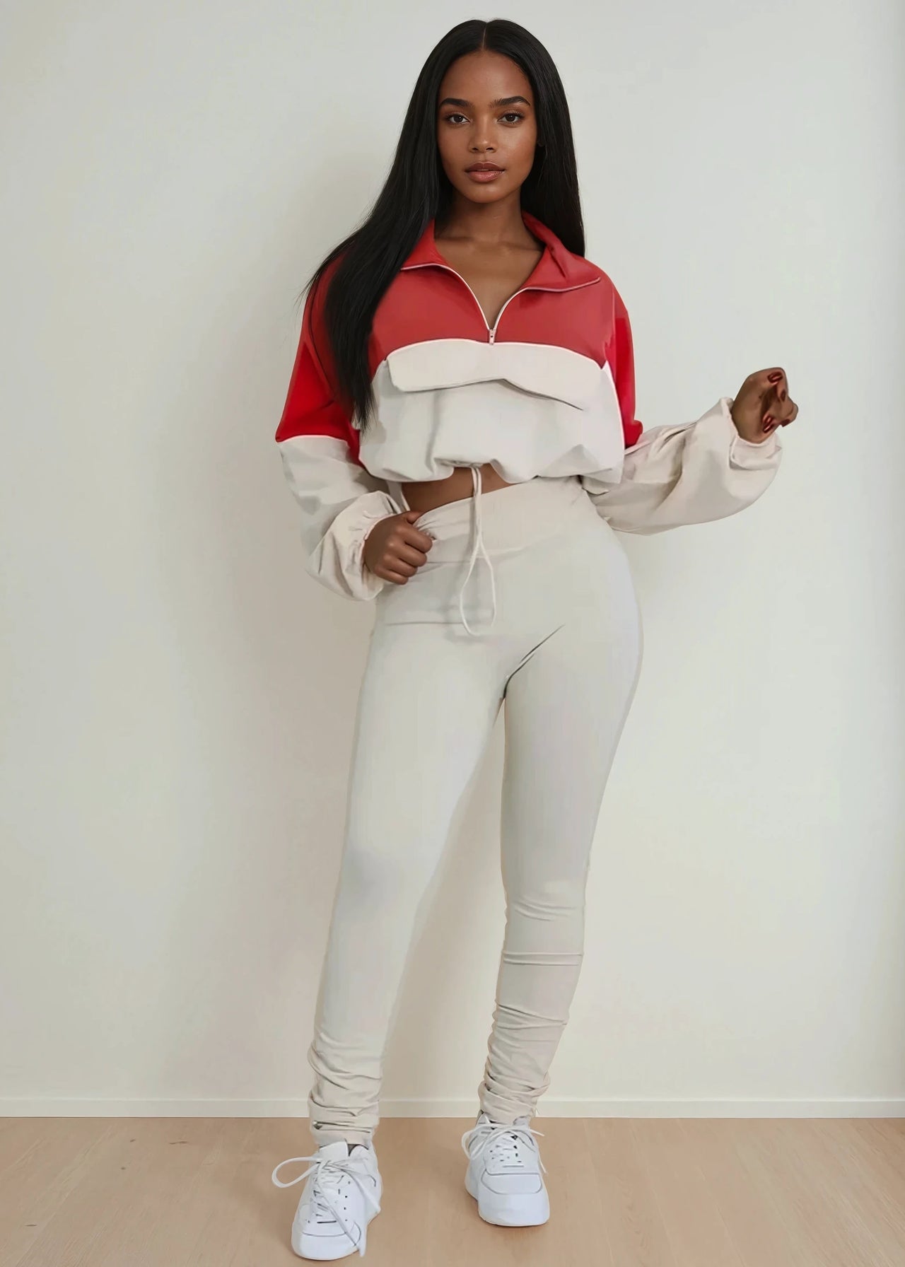 Blush Two Piece Windbreaker Crop Jacket And Leggings Outfit - Pink Seal  