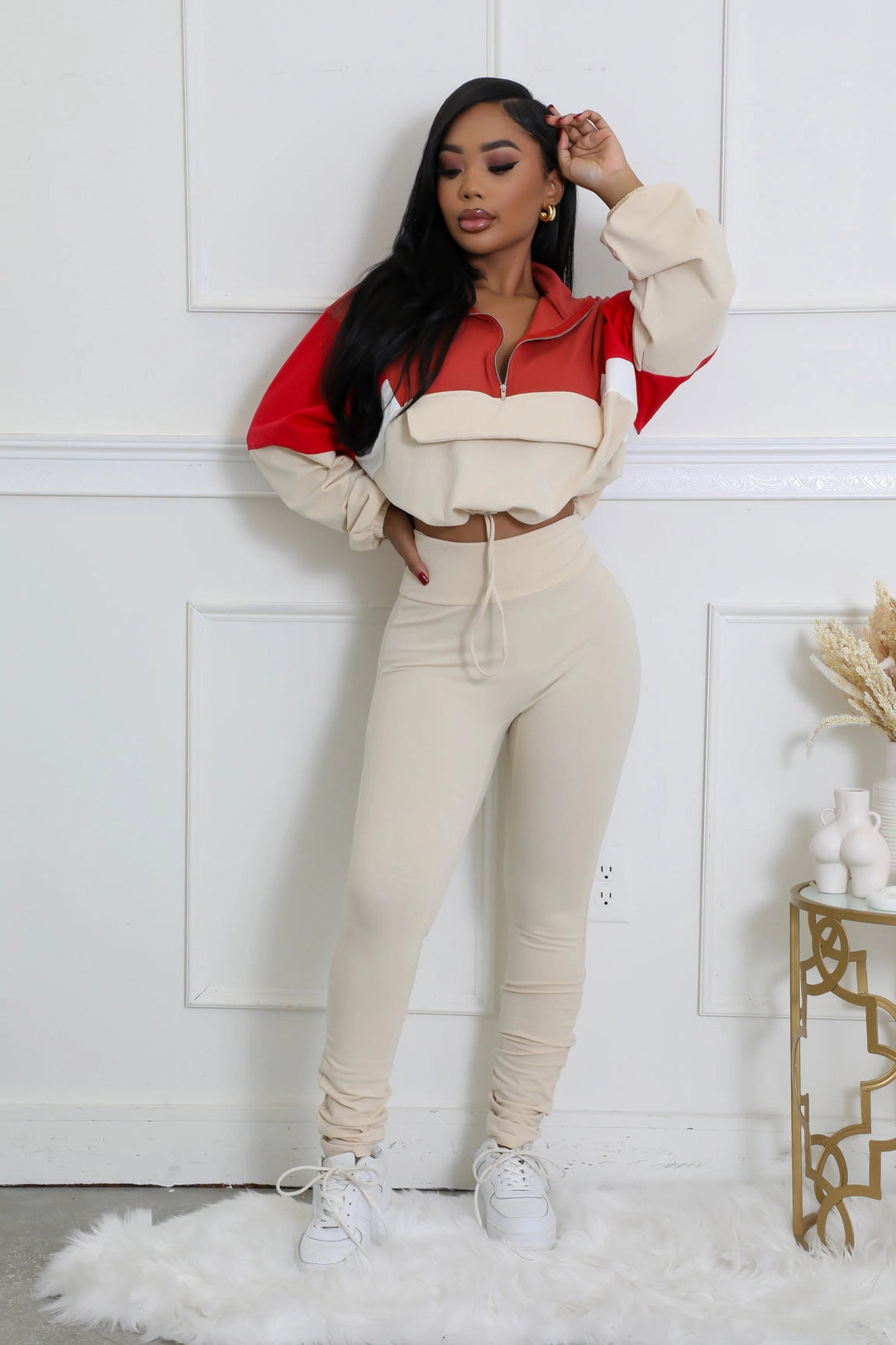 Lightweight Beige Crop Windbreaker Jacket and Leggings Outfit for teens and young adults, perfect for lounging  and everyday look.