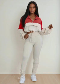 Thumbnail for Blush Two Piece Windbreaker Crop Jacket And Leggings Outfit - Pink Seal  