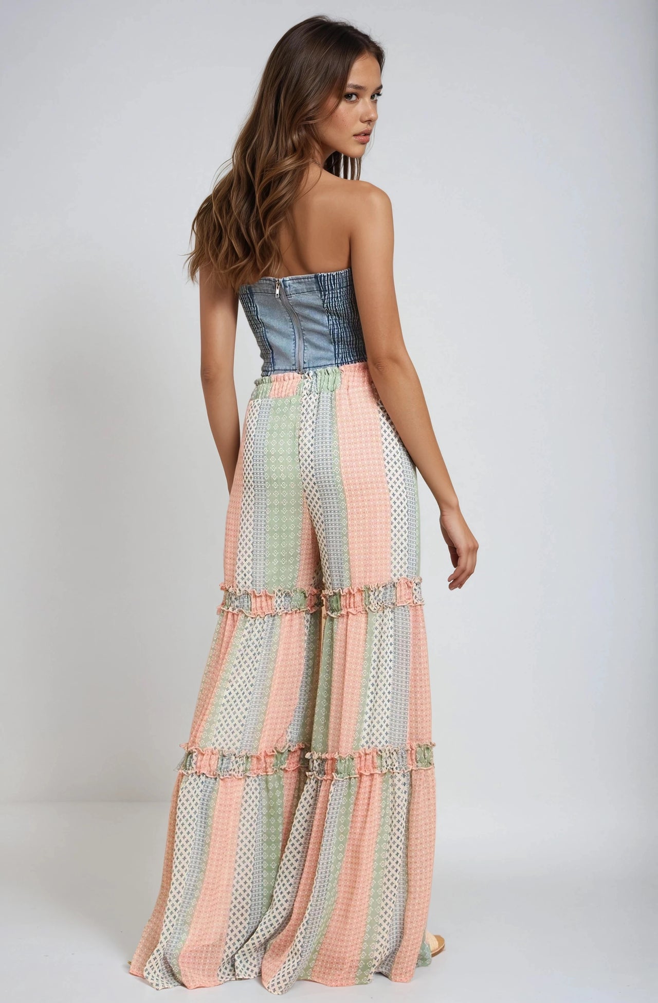 Multi-print flowy tiered chiffon palazzo pants for resort style