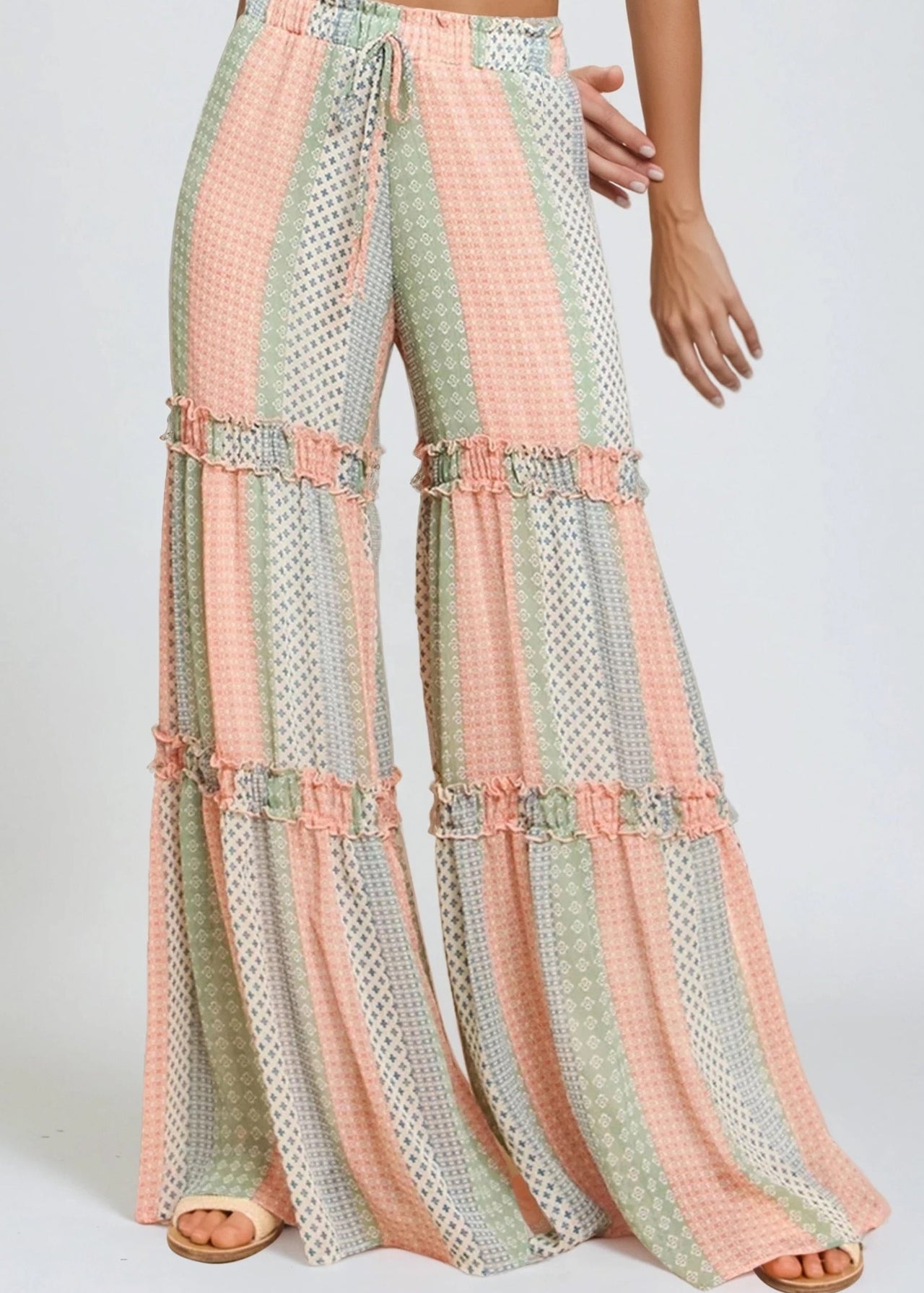 Multi-print flowy tiered chiffon palazzo pants for resort style