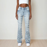 Thumbnail for Trendy Y2k inspired blue denim stacked jeans for young women and teenagers. Special detail on front for a stylish look. Close front view.