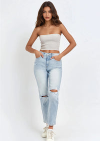 Thumbnail for Light blue distressed straight-leg denim with high-rise fit.