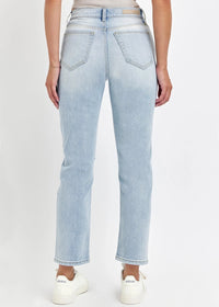 Thumbnail for Light blue distressed straight-leg denim with high-rise fit.