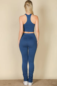 Thumbnail for  Lightweight blue two-piece crop top and ruched pants set for women. Back view.