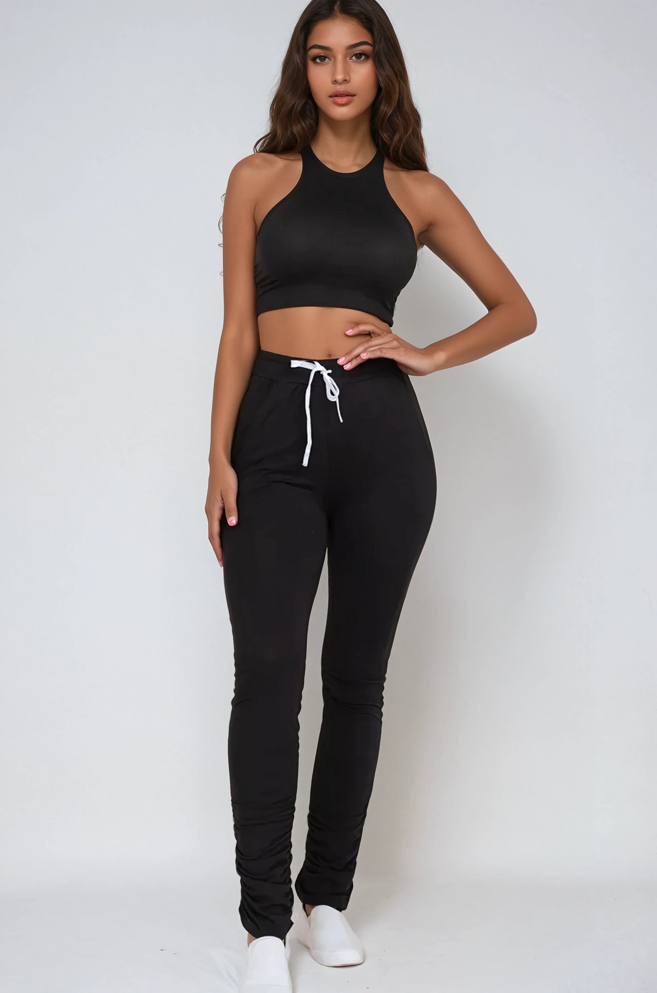 Black Breezy Two Piece Racerback Crop Top And Ruched Pants - Pink Seal  