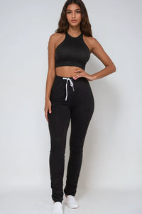 Thumbnail for Black Breezy Two Piece Racerback Crop Top And Ruched Pants - Pink Seal  