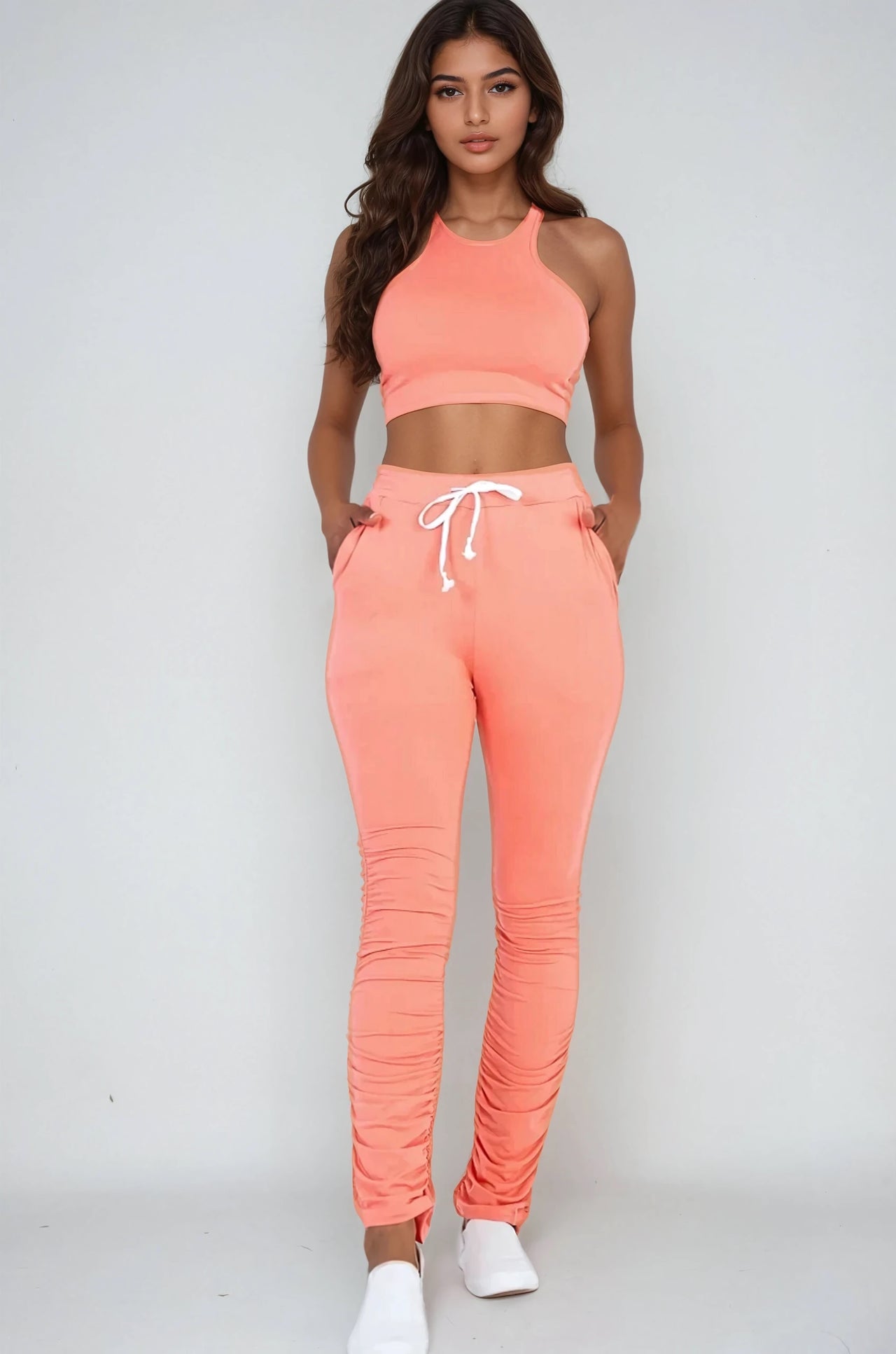 Orange Breezy Two Piece Racerback Crop Top And Ruched Pants - Pink Seal  