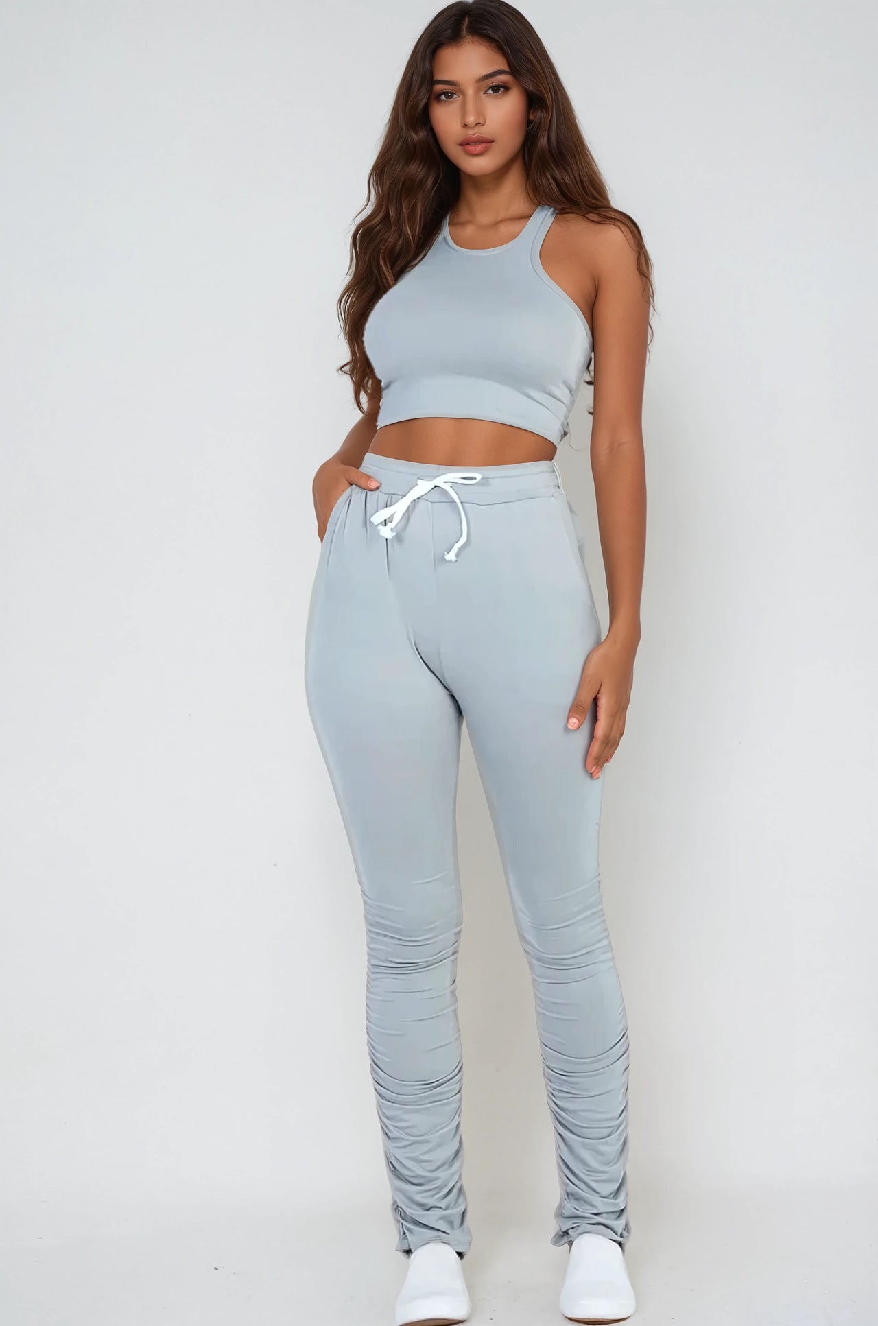 Grey Breezy Two Piece Racerback Crop Top And Ruched Pants - Pink Seal  