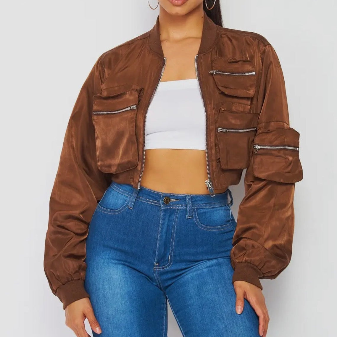 Trendy brown female bomber jacket, crop jacket with zipper details for spring and fall season. Open zip view.