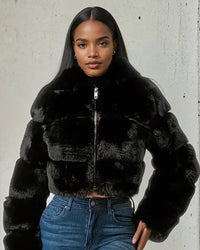 Thumbnail for Elegant black faux fur coat for young women, perfect for evening parties. 