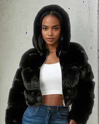 Thumbnail for Elegant black faux fur coat for young women, perfect for evening parties. Open zip view.