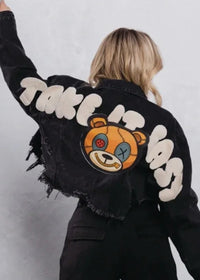 Thumbnail for Black Stylish distressed cropped denim jean jacket for women in streetwear style. Back view.