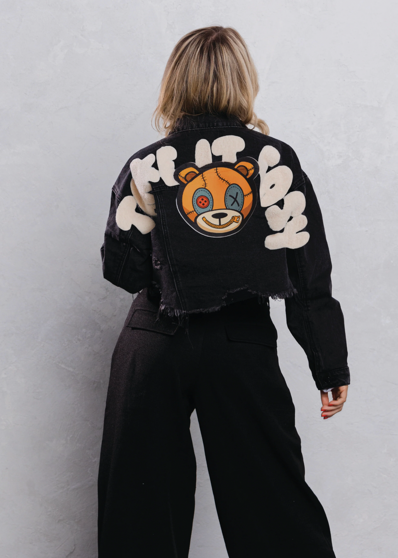 Distressed Teddy Cropped Denim Jacket - Pink Seal  