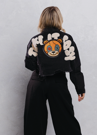 Thumbnail for Distressed Teddy Cropped Denim Jacket - Pink Seal  